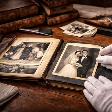 Vintage photo album with old wedding and group photos on a wooden table.