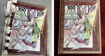 Book restoration with repaired cover and strengthened binding.