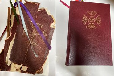 Before and after Bible rebinding with a leather cover and gold detailing.