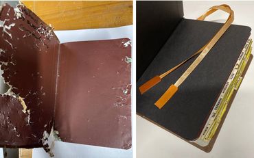Book restoration with repaired covers, new endpapers, and ribbon markers.