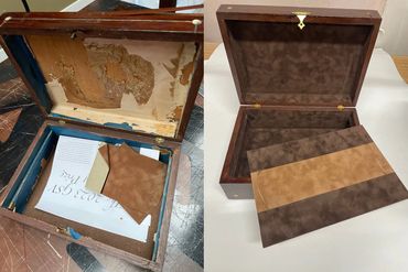 Decorative box restoration with repaired interior and new custom lining.