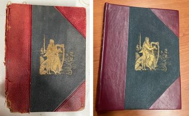 Book restoration with repaired cover, leather finish, and gold detailing.