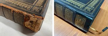 Book spine restoration with leather repair and restored gold design.