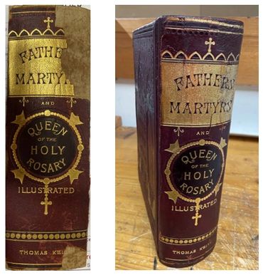 Book spine restoration with leather repair and refined gold detailing.