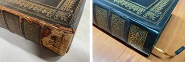 Restoration of a rare historical book with repaired hinges, spine, and leather cover.