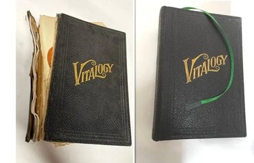Before and after hardcover restoration showing complete spine and cover reconstruction.