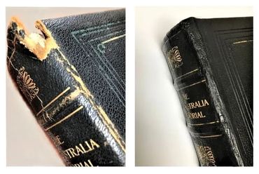 Restoration of a rare historical book with repaired hinges, spine, and leather cover.