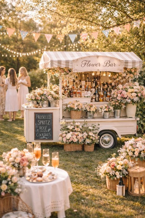 Elegant outdoor flower bar with cocktails and floral arrangements.