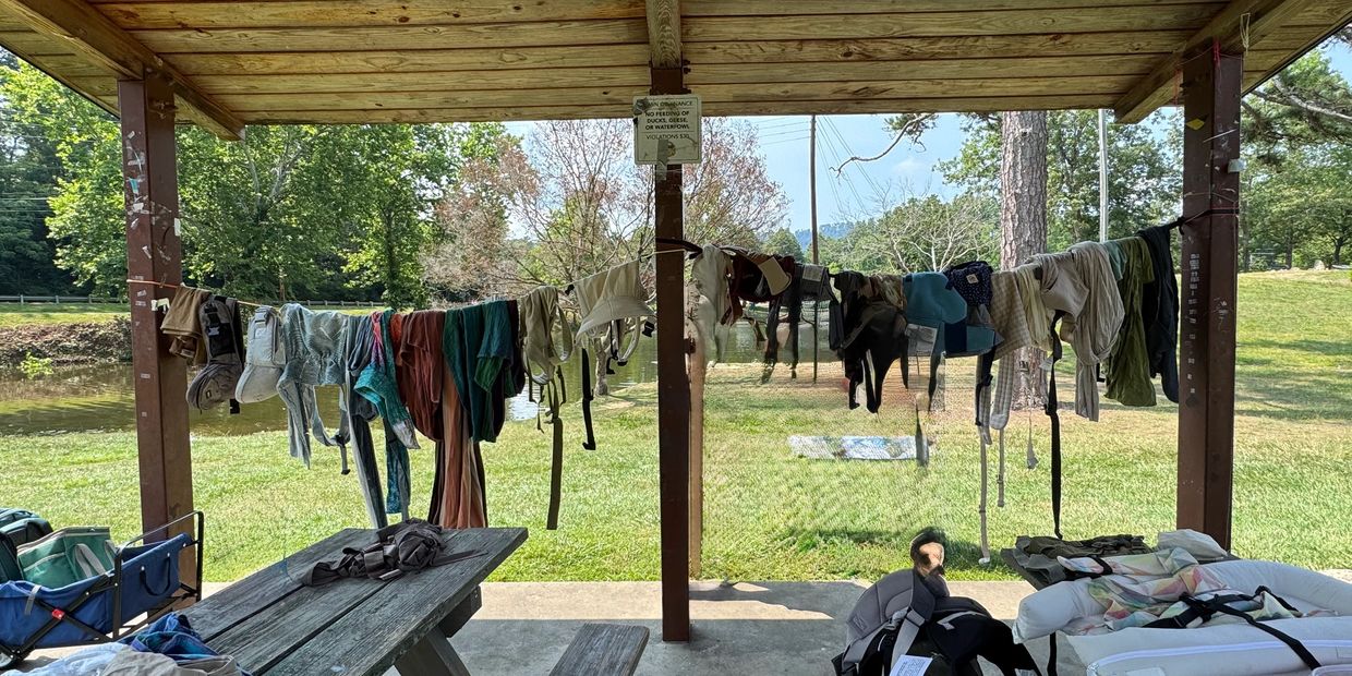 Clothes drying on a line under a wooden shelter near a pond.