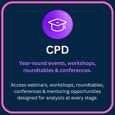 Graphic promoting CPD events, workshops, and mentoring for analysts.