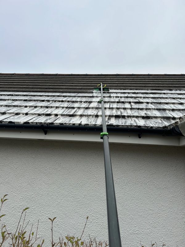 Long brush cleaning dirt off roof tiles on a cloudy day.