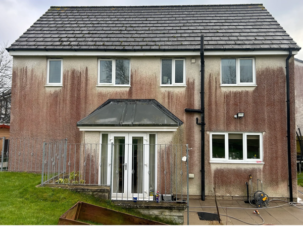 House with extensive brown streaks on exterior walls and black gutters.