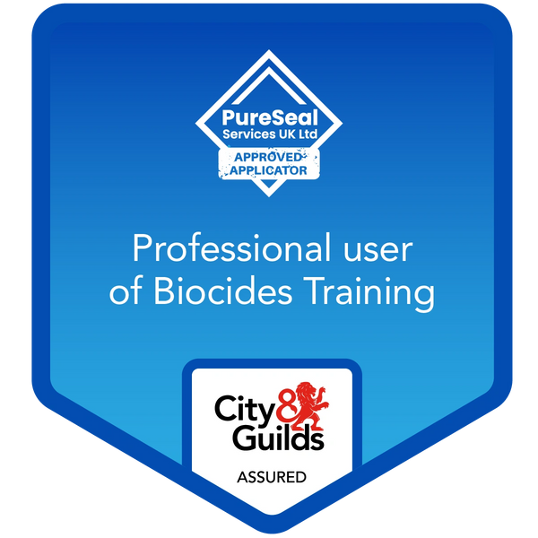 Professional user of Biocides Training badge from PureSeal Services UK Ltd and City & Guilds.