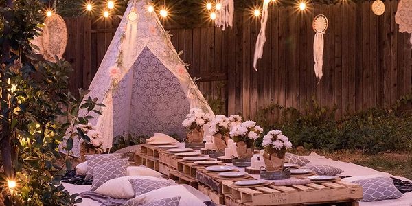 romantic tent and picnic set up for adults