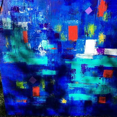 Abstract painting with vibrant blues and geometric shapes.