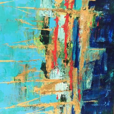 Abstract painting with vibrant colors and textured strokes.