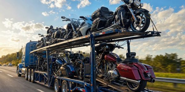 Motorcycles being transported on a trailer.