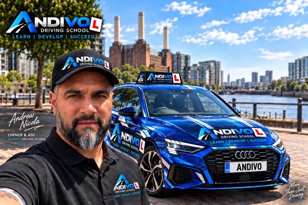 Andrew beside a blue ANDIVO Driving School Audi A3 near Battersea Power Station.