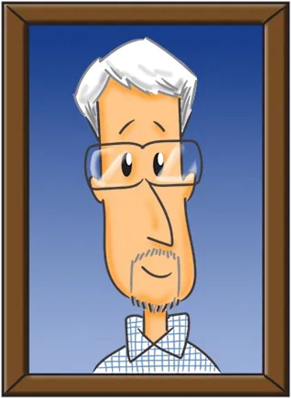 A cartoon portrait of Tom Kotay, writer.