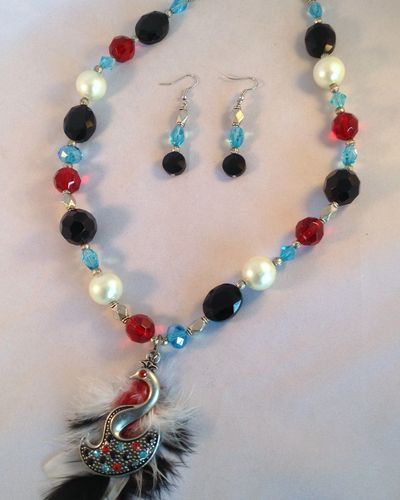 Red, White, Blue and Black Peacock Necklace Set $40.00 