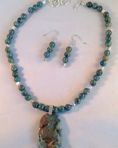 Agate and Pewter Necklace Set with Carved Horse Pendant $58.00