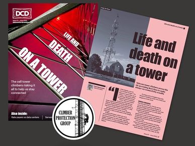 Magazine spread about climbing cell towers for safety.