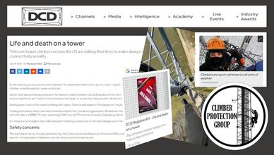 Image from an article about telecom tower climber safety and risks.