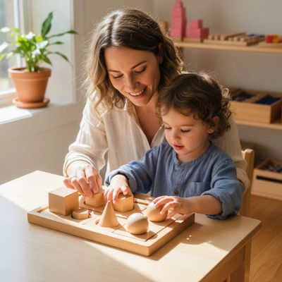 Mother and child playing with wooden geometric shapes at a table.