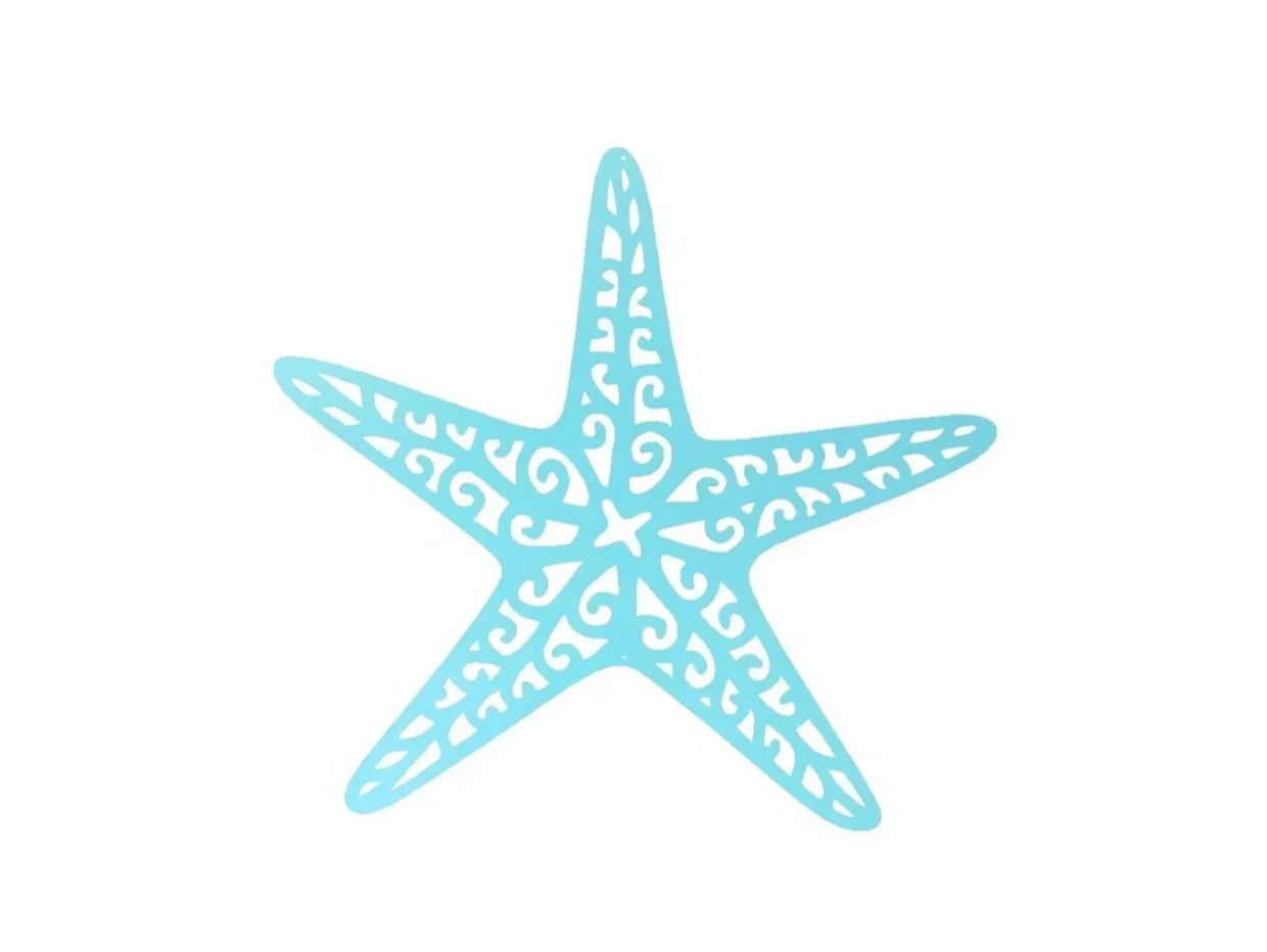 Blue starfish with intricate cut-out patterns on white background.