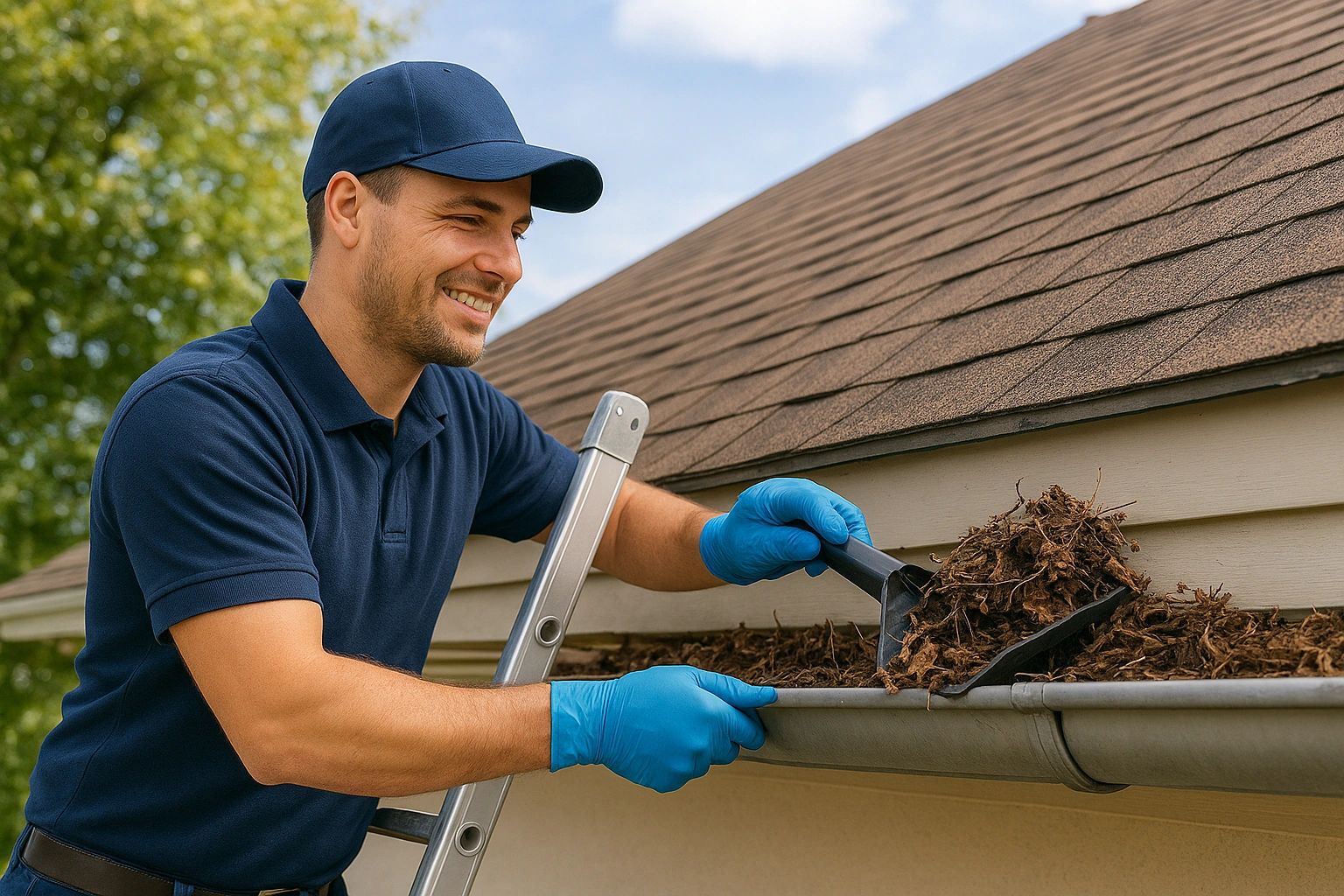 Man cleaning gutters