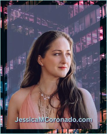 Jessica Coronado is featured with long hair in a fancy pink dress and sparkling boho necklace, in fr