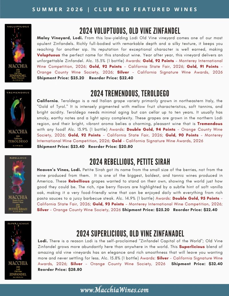 Wine list featuring four wines from Club Red for Summer 2026 with descriptions, awards, and prices.