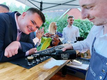 Mobile bar serving baby Guinness at an "at home" wedding