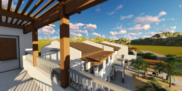 Modern house balcony with mountain views under a blue sky.