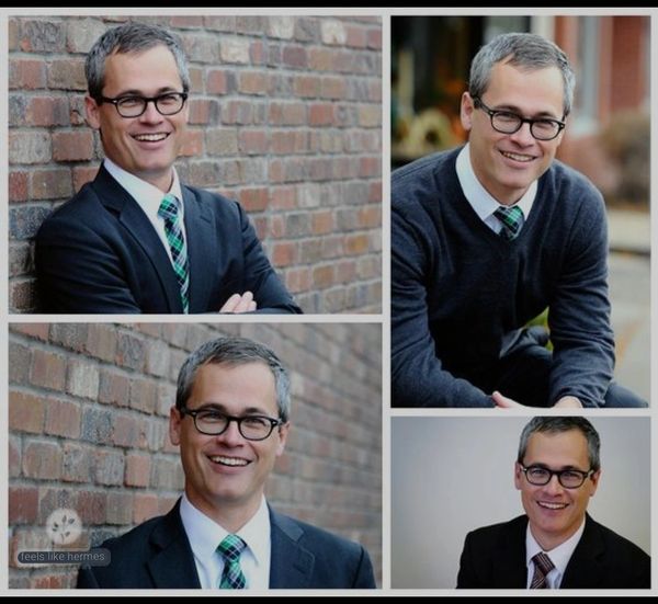 Smiling man in glasses and formal attire posing in various headshot settings.