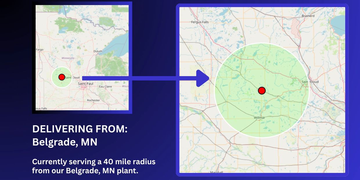 Map showing a 40-mile delivery radius from Belgrade, MN.