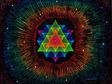 Colorful geometric shapes with radiating lines.