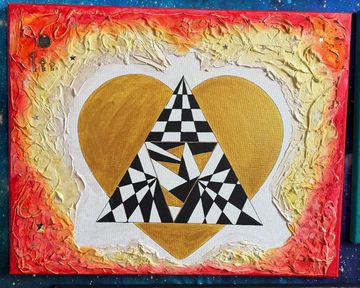 Abstract heart with patterned triangle artwork on textured background.