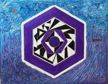 Abstract hexagonal design with cosmic background.
