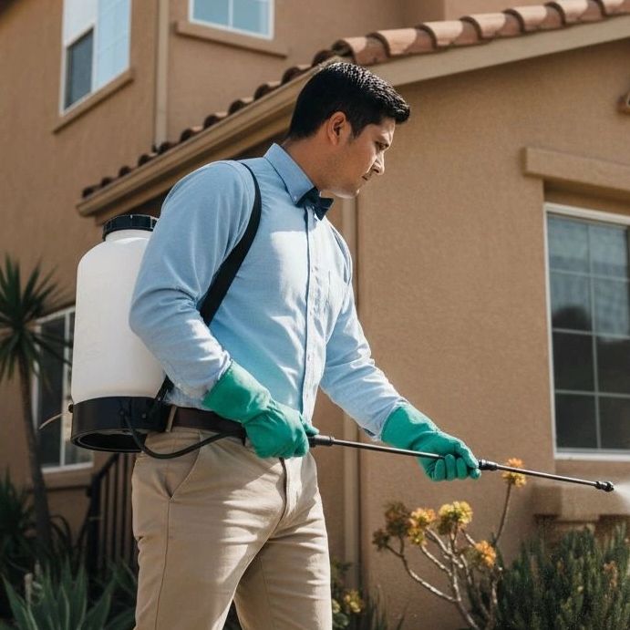 A man doing a pest control spray on a house in Duarte.
