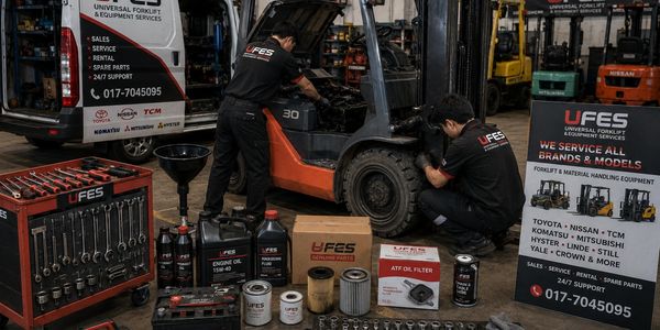 Two mechanics servicing a forklift with UFES parts and tools.