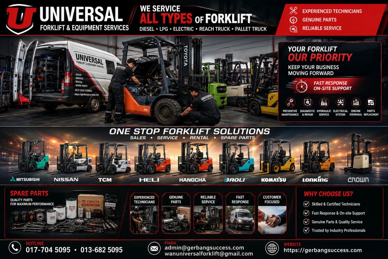 Advertisement for Universal Forklift &amp; Equipment Services offering forklift solutions and spare parts.