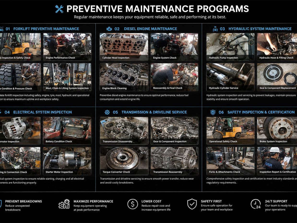 Preventive maintenance programs for forklifts and machinery.