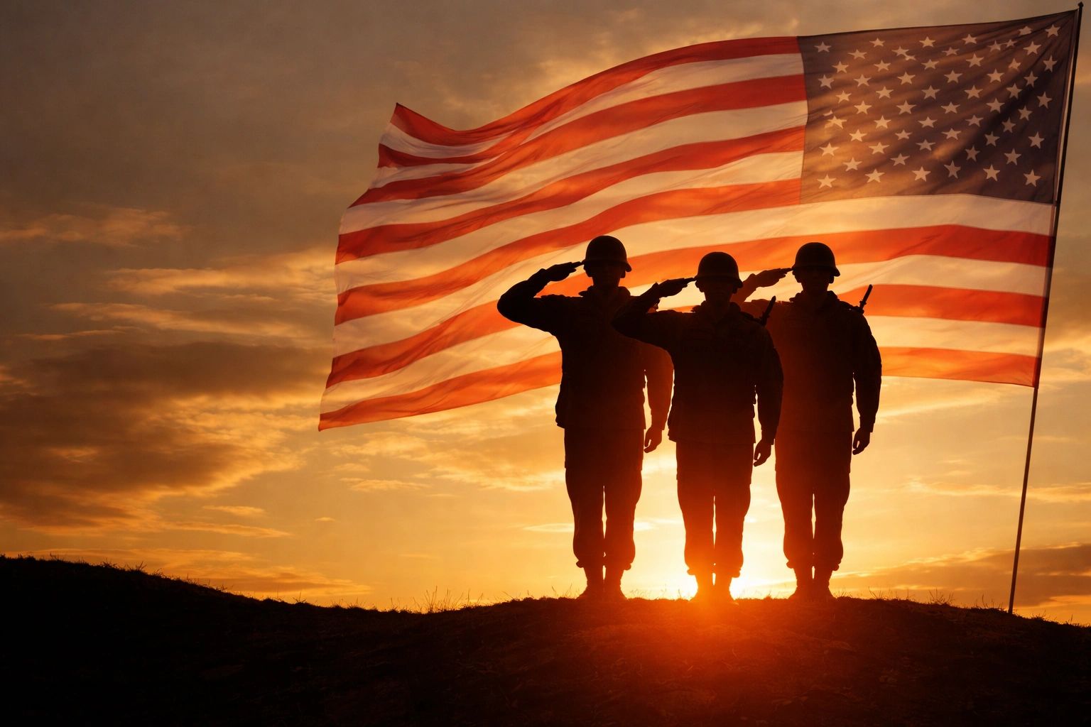 Three soldiers saluting in front of a waving American flag at sunset.