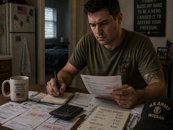 A man reviews past due bills at a table, appearing focused and concerned.