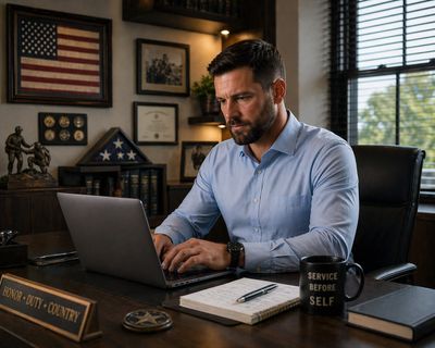 Man in office focused on laptop with patriotic decor.
