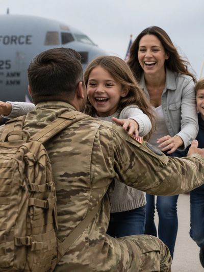 A soldier reunites joyfully with his family at an airbase.