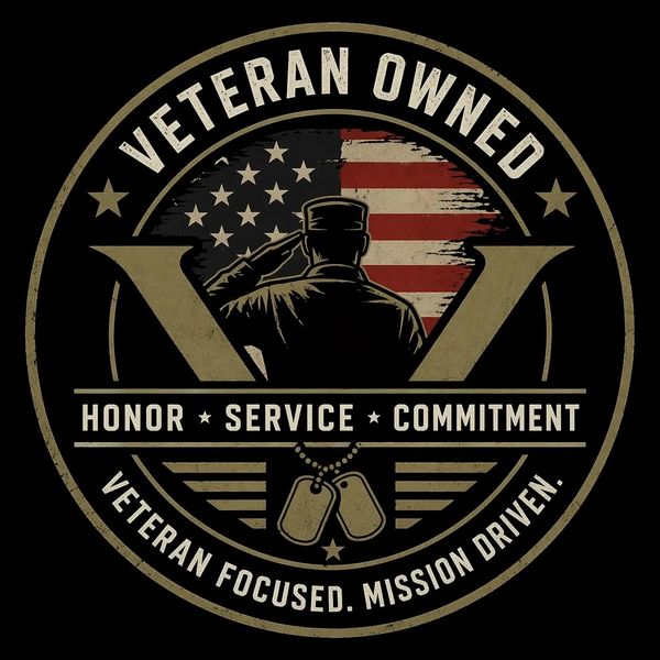 Emblem of a veteran saluting with American flag, symbolizing honor, service, and commitment.