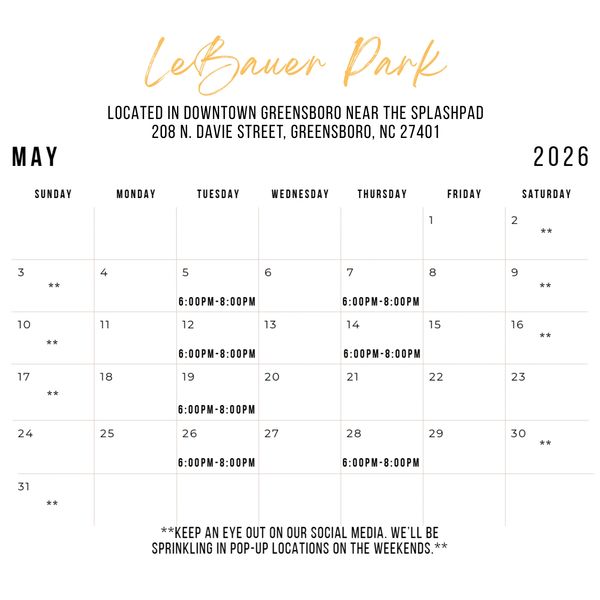 LeBauer Park May 2026 calendar with event times and weekend notes.