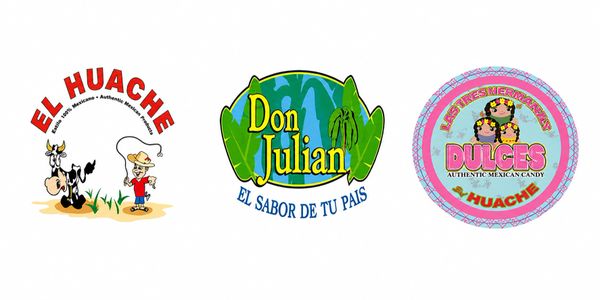 Three colorful logos for Mexican brands including El Huache, Don Julian, and Dulces by Huachi.